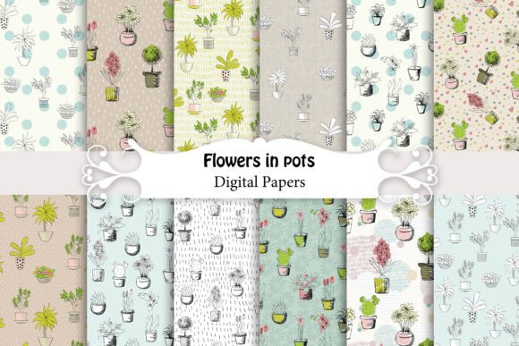 Flowers in Pot, Seamless Patterns