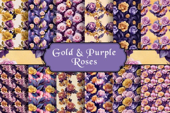 Gold and Purple Roses Seamless Patterns